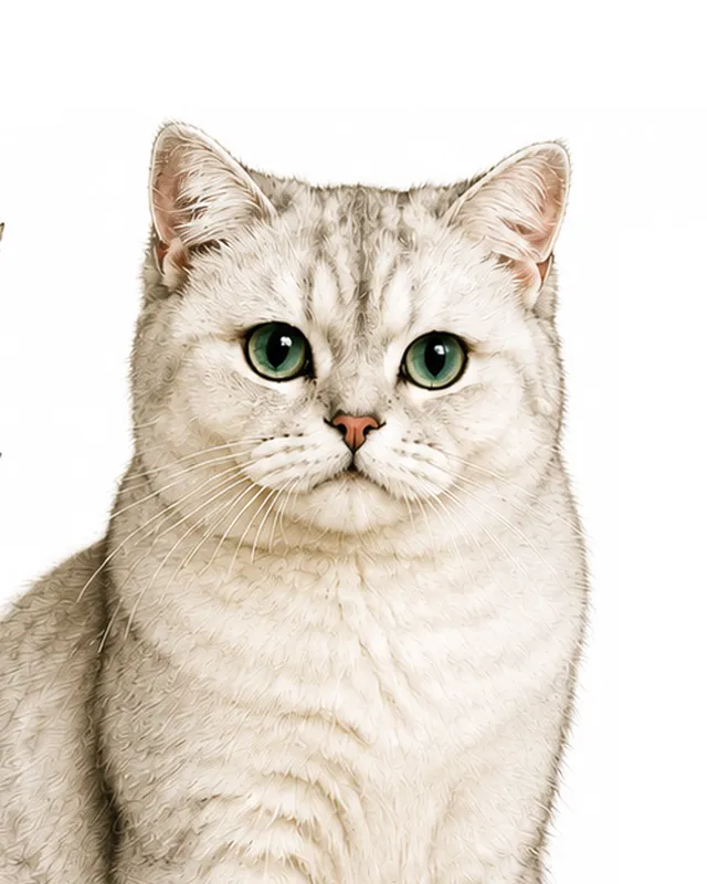 Portrait illustré de Vanylia, chatte British Shorthair au pelage blanc argenté et aux yeux verts